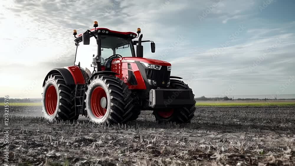 Powerful red tractor on a plowed field under a cloudy sky. Powerful red tractor on a plowed field under a cloudy sky.