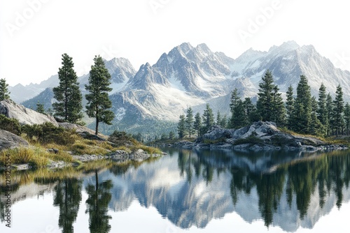 A serene landscape featuring majestic mountains reflected in a tranquil lake, surrounded by lush greenery and evergreen trees under a clear sky. photo