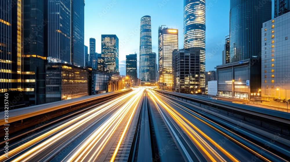 Naklejka premium City skyline at night with illuminated skyscrapers and light trails