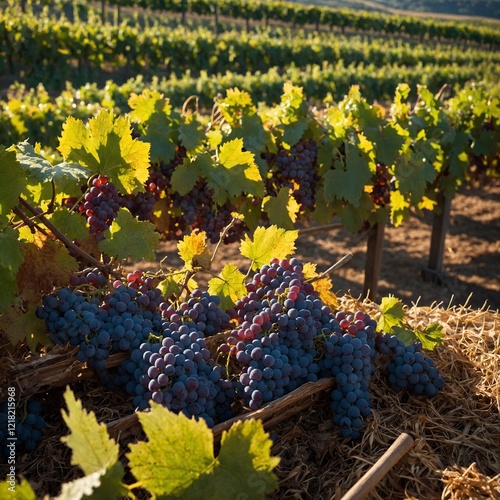 A rolling vineyard during harvest season with grapes glistening in the sun.