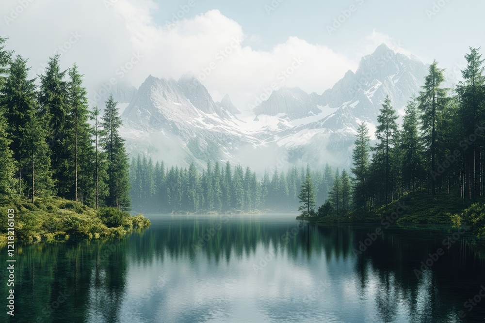 Fototapeta premium A serene mountain landscape featuring towering peaks and a tranquil lake surrounded by lush greenery and misty clouds, perfect for nature lovers.