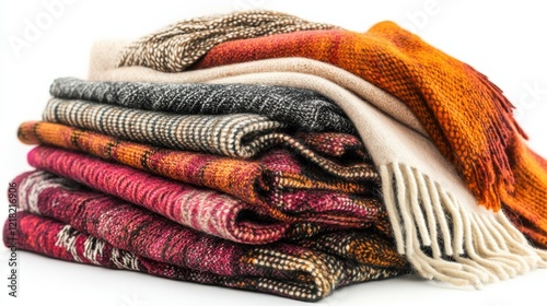 A vibrant stack of cozy, colorful blankets arranged neatly, showcasing various textures and patterns photo