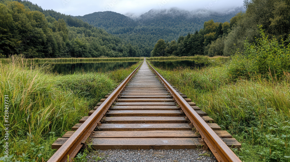 serene train track leading into misty mountains, surrounded by lush greenery serene train track leading into misty mountains, surrounded by lush greenery