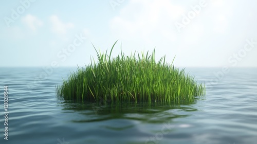 Lush Green Grass Island Emerging from Calm Water Under Soft Azure Sky, Symbolizing Serenity, Nature, and Tranquility in a Peaceful Natural Environment
