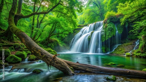 water cascading down surrounded by vibrant green foliage next to a large fallen tree, serene, botanical,  serene, botanical