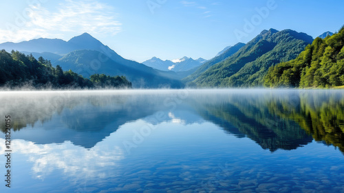 misty lake reflecting silhouettes of distant mountains and trees