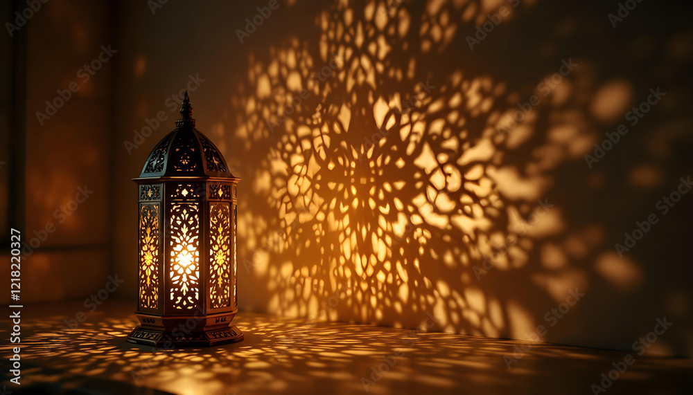 Fototapeta premium Illuminated Ornate Lantern Casts Intricate Shadow Patterns