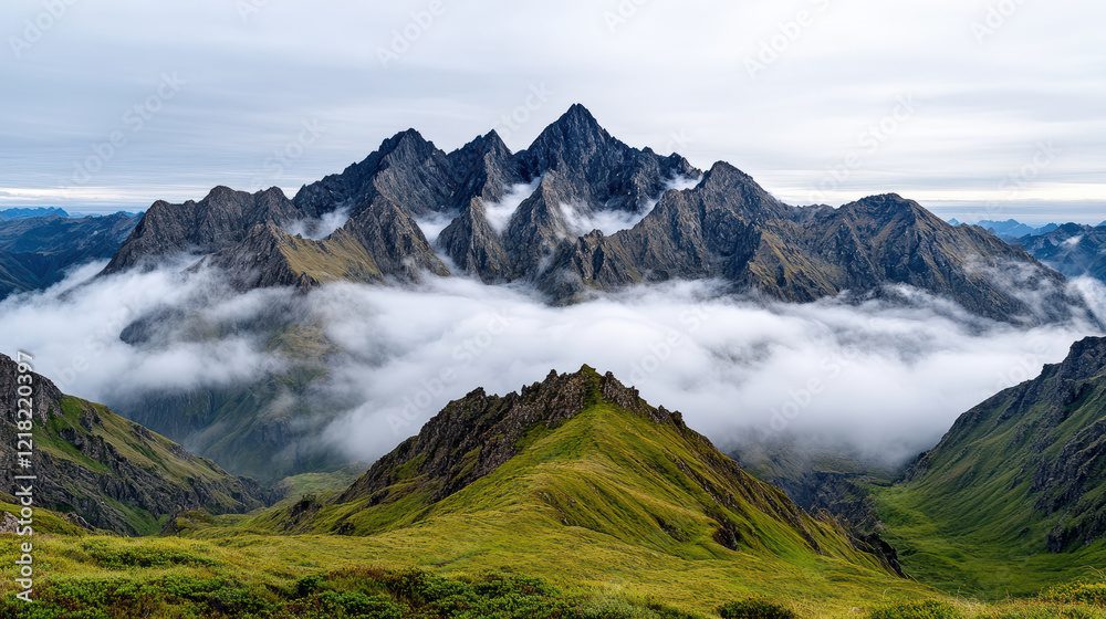 Fototapeta premium Majestic misty mountain range with jagged peaks and lush greenery