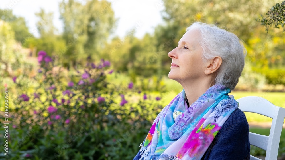 Senior woman contemplates nature's beauty in garden Senior woman contemplates nature's beauty in garden
