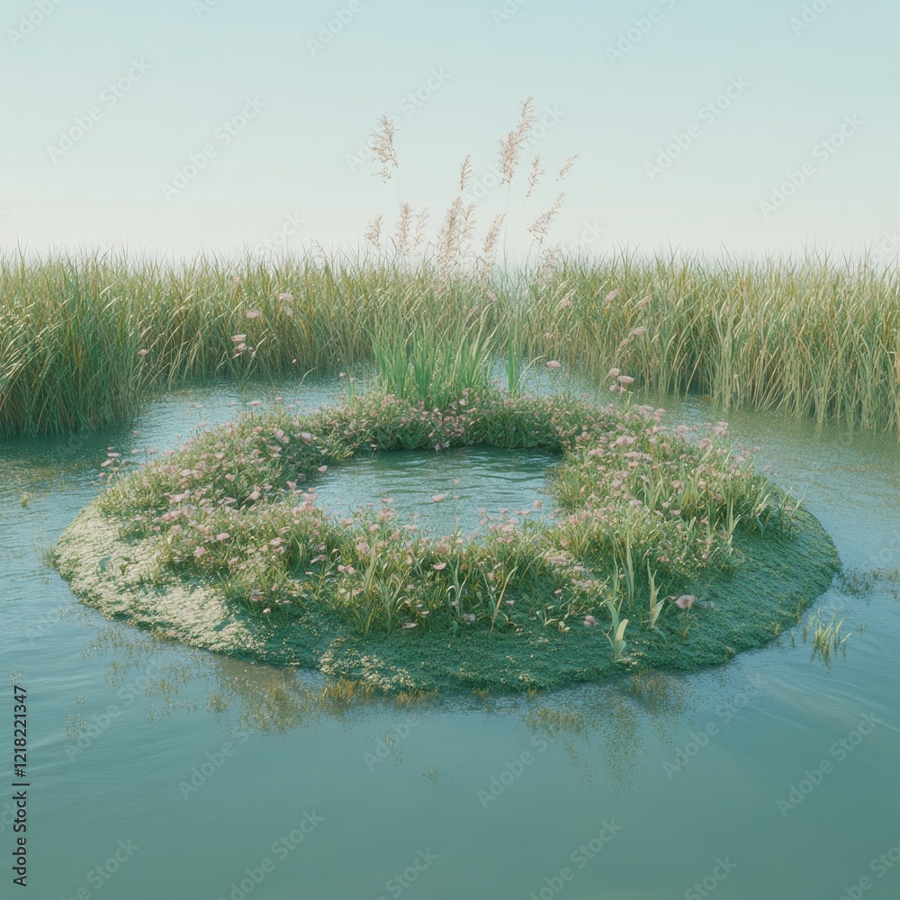 Serene Island of Wildflowers Surrounded by Calm Water, Featuring Lush Greenery and Soft Reeds under a Bright Blue Sky at Sunrise or Sunset Serene Island of Wildflowers Surrounded by Calm Water, Featuring Lush Greenery and Soft Reeds under a Bright Blue Sky at Sunrise or Sunset