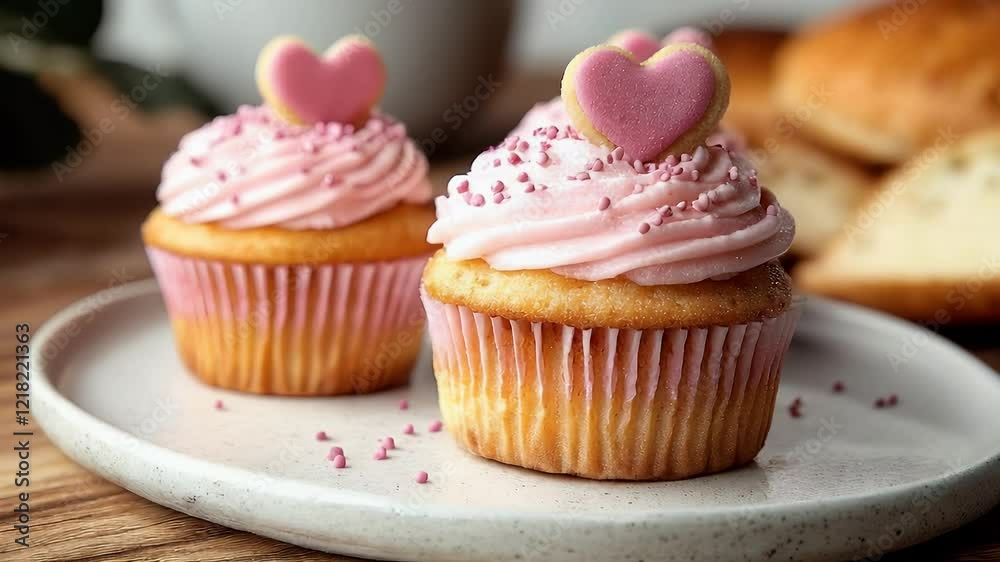 Three pink frosted cupcakes with heart-shaped cookies on top, arranged on a plate. Three pink frosted cupcakes with heart-shaped cookies on top, arranged on a plate.