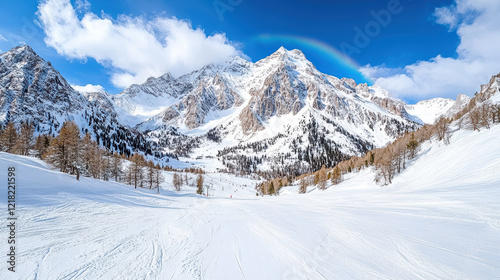 rainbow arching over snowy mountain peak creates stunning winter landscape