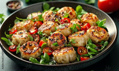 Pan-Seared Dumplings with Sesame Seeds, Cherry Tomatoes, and Microgreens