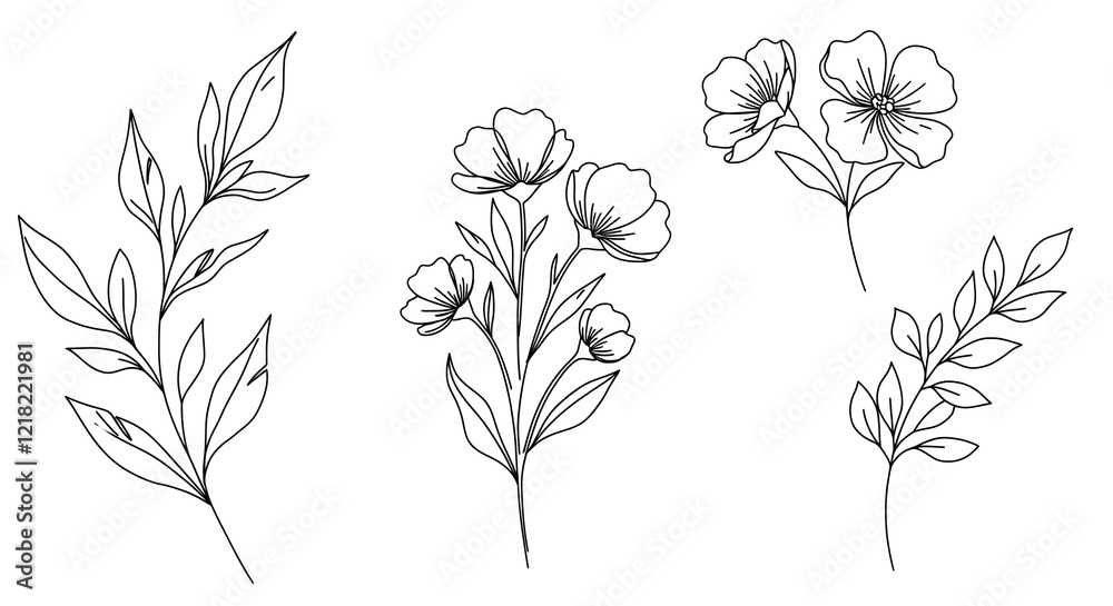 Minimalist line art of flowers and leaves in black and white, perfect for modern designs