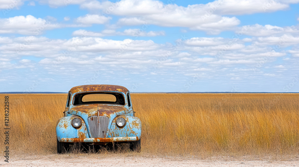 Fototapeta premium rusted old car abandoned in field surrounded by tall grass and clouds