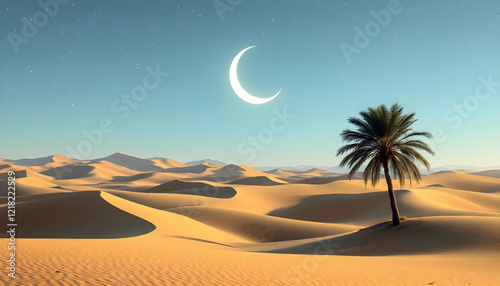 Serene Desert Landscape Under Crescent Moon