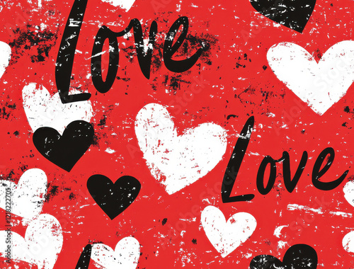 Red background with white and black hearts, featuring word Love in playful design, evokes feelings of affection and warmth, perfect for romantic themes photo