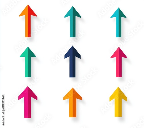 Vector arrows in colorful abstract designs, up and down on a white base.
