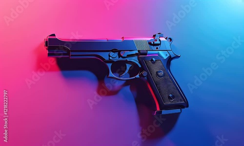 A metallic handgun in vibrant pink and blue neon light, positioned on a flat surface.