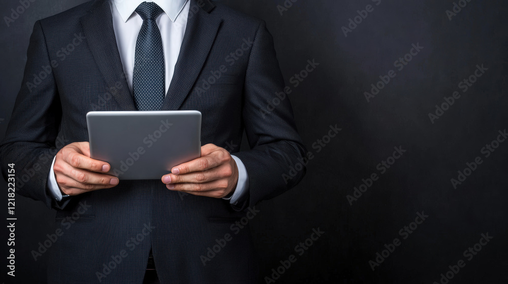 A man in a suit holds a tablet, standing against a dark backdrop, conveying professionalism and modern technology. A man in a suit holds a tablet, standing against a dark backdrop, conveying professionalism and modern technology.
