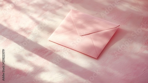 31.Concept 1: Open pink envelope with paper card and heart on pastel pink table background photo