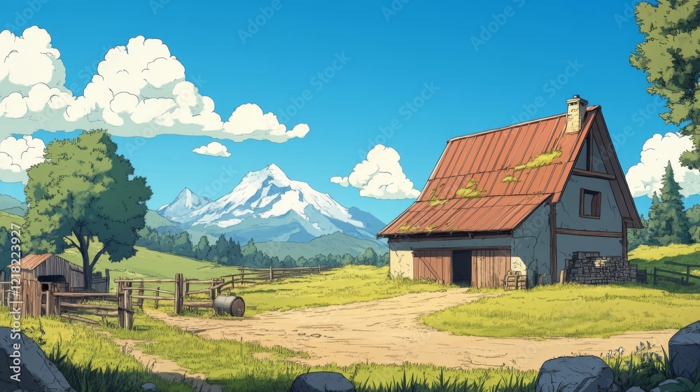 Rustic farmhouse in idyllic mountain valley. Rustic farmhouse in idyllic mountain valley.