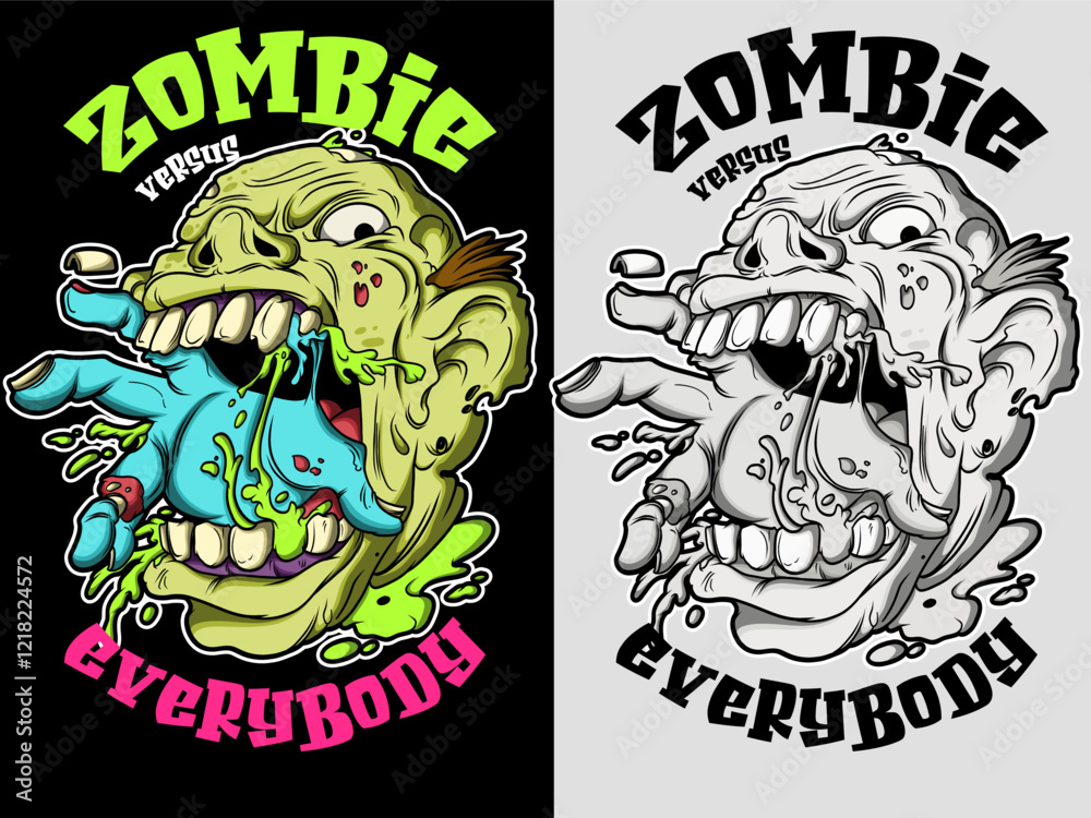 Obraz premium Zombie drawing vector illustration in graffiti style. Zombie graffiti drawing in color and black and white version