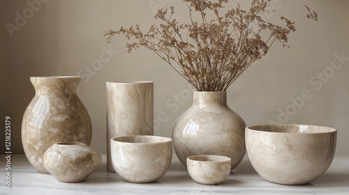 Wallpaper Mural Elegant Beige Marble Stone Vases and Bowls Home Decor Set Torontodigital.ca