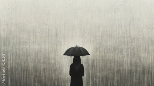 Solitary figure with umbrella in heavy rain.