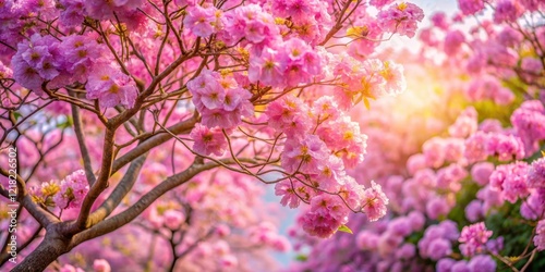 Fototapeta Naklejka Na Ścianę i Meble -  Tabebuia rosea in full bloom against a warm sun background, pink purple flowers blooming in abundance, nature photography