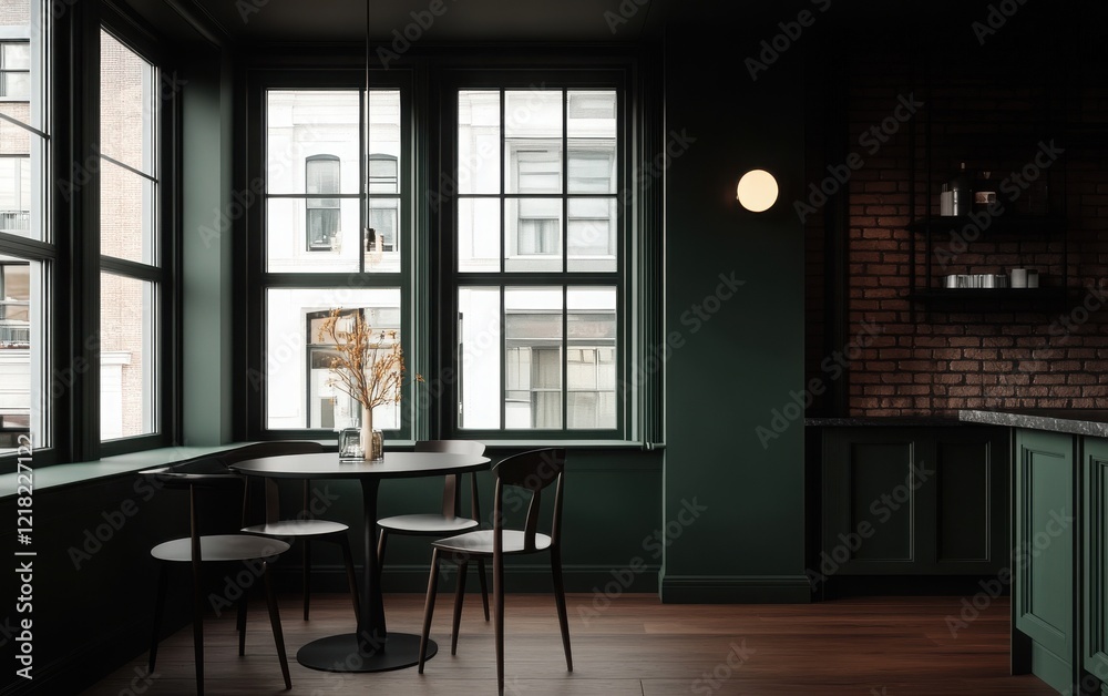 High-resolution 3D visualization of a dark green cafe interior with black window frames, a round black table, and chairs. High-resolution 3D visualization of a dark green cafe interior with black window frames, a round black table, and chairs.