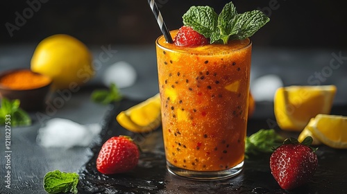 Refreshing fruit smoothie with strawberries, oranges, and mint photo