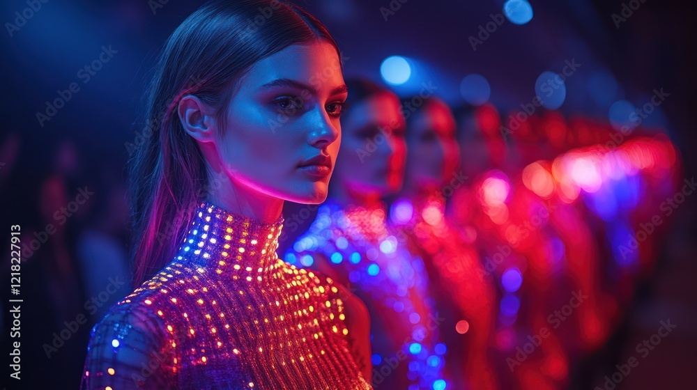 Neon Lights Fashion Show: A Model in a Futuristic LED Dress Neon Lights Fashion Show: A Model in a Futuristic LED Dress
