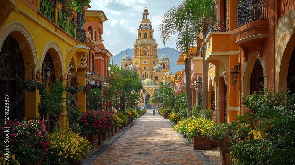 Fototapeta premium Colorful Spanish Architecture and Flowered Walkway Leading to Majestic Church