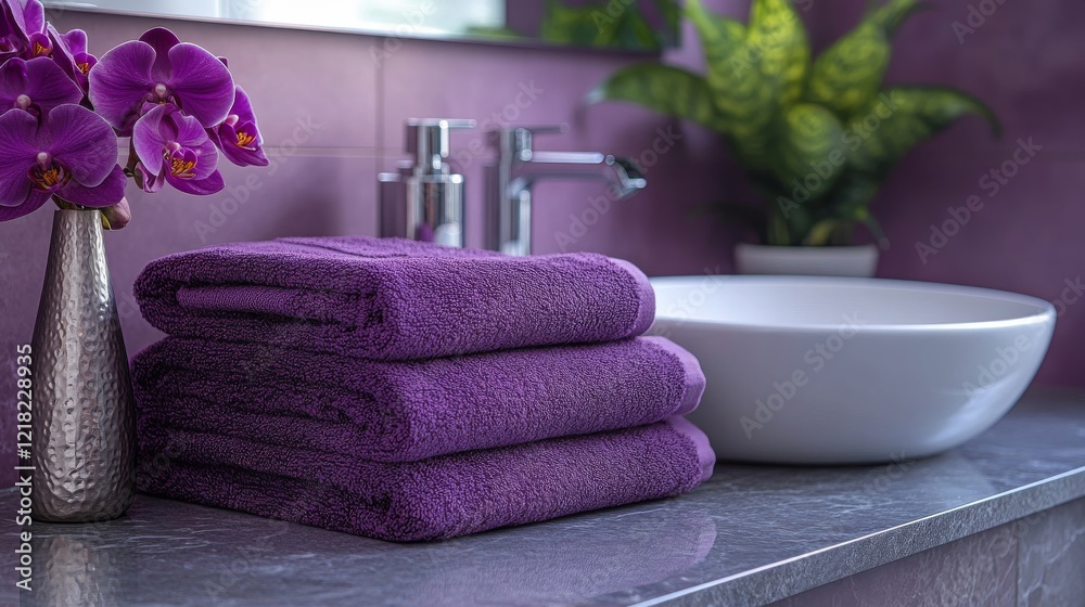 Luxurious Purple Towels and Orchids in Modern Bathroom Luxurious Purple Towels and Orchids in Modern Bathroom