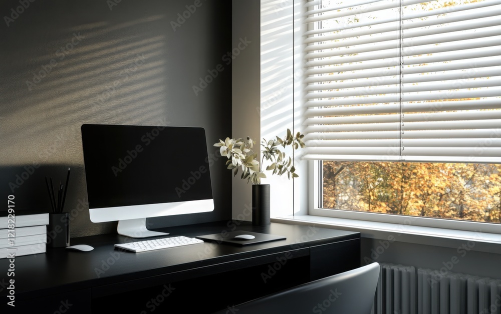 Obraz premium Minimalist modern office setup with a black desk computer and monitor on the table. The window has white blinds.