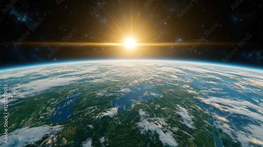 Fototapeta premium stunning view of Earth from space, showcasing sun rising over horizon, illuminating landscape