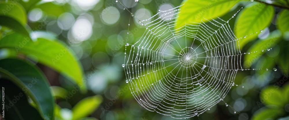 Vibrant raindrop-filled spiderweb in lush forest during rainstorm, nature's beauty Vibrant raindrop-filled spiderweb in lush forest during rainstorm, nature's beauty