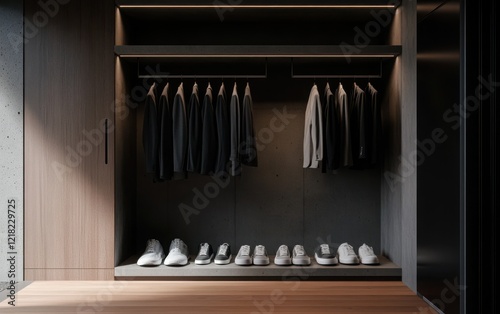 Photorealistic 3D rendering of a minimalist gray concrete closet with stylish charcoal gray suits hanging and white sneakers arranged at the bottom. 