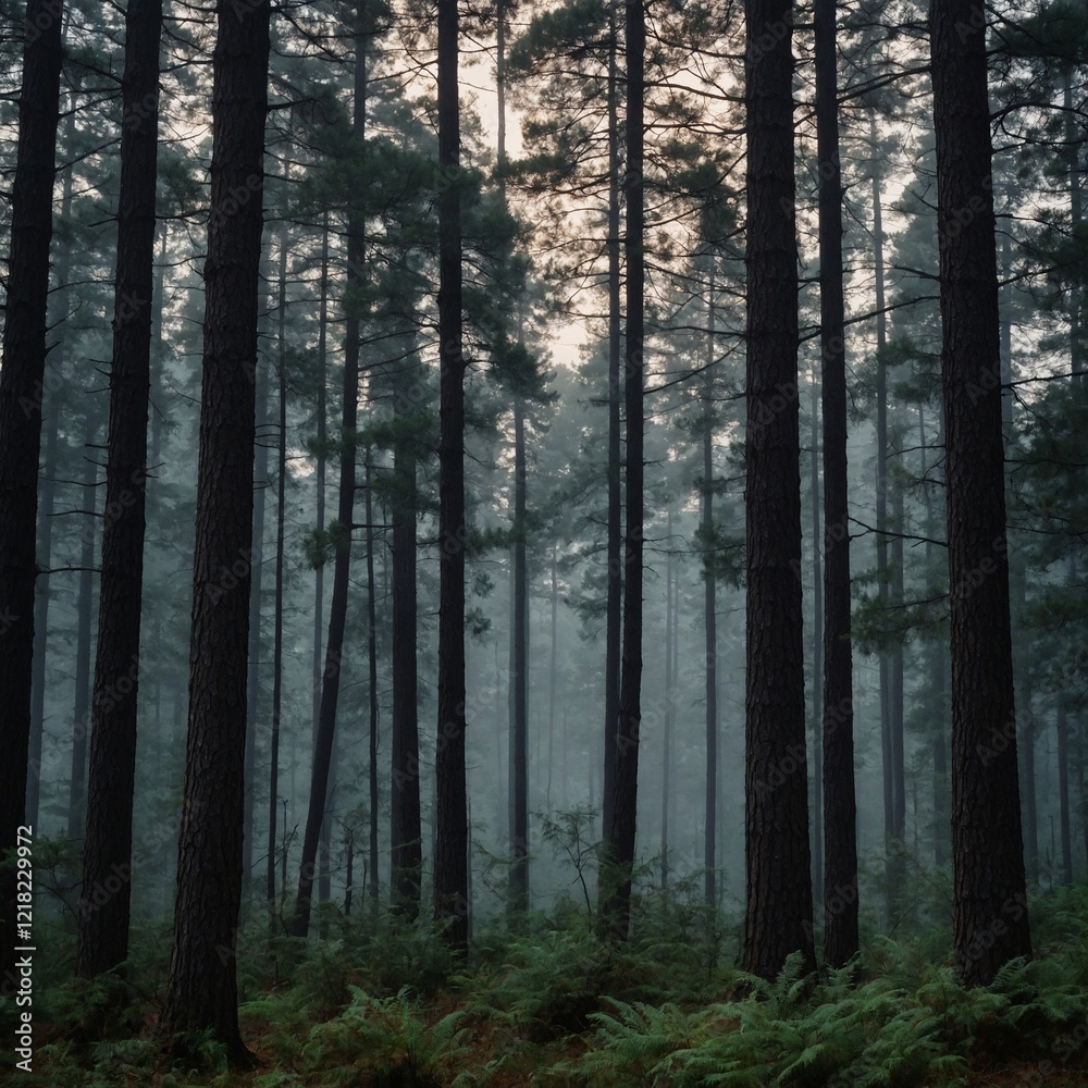 Naklejka premium Misty woods at dawn with tall pine trees.