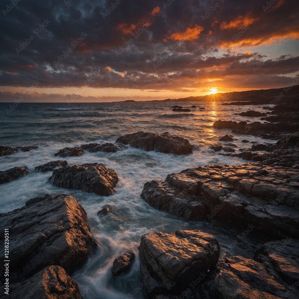 Fototapeta premium .A dramatic sunset over a rocky shoreline.