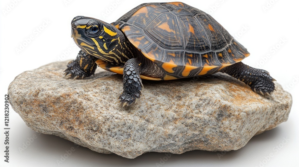 A small turtle with orange and black shell rests on a grey rock against a white background. A small turtle with orange and black shell rests on a grey rock against a white background.