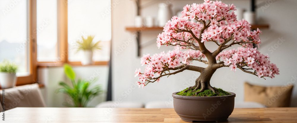 Fototapeta premium Elegant cherry blossom bonsai on wooden table, indoor decor