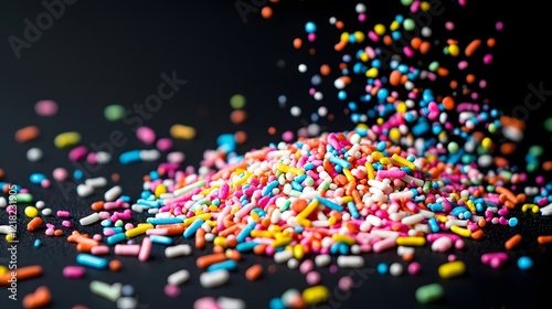 Colorful sprinkles falling on a black backgroundGenerative AI  photo