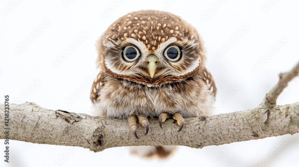 Naklejka premium Adorable little owl perched on a branch against a white background.
