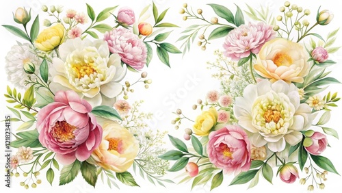 Wallpaper Mural A Delicate Watercolor Composition Featuring a Bountiful Arrangement of Pastel Peonies and Assorted Spring Blossoms, Ideal for Elegant Invitations or Decorative Prints Torontodigital.ca