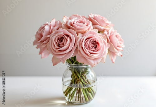 A charming bouquet of flowers featuring soft pink roses, evoking a romantic and tranquil mood on a bright surface.