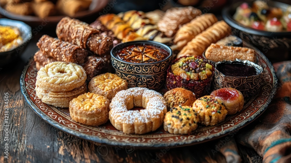 A captivating array of traditional middle eastern sweets and pastries on a decorative plate A captivating array of traditional middle eastern sweets and pastries on a decorative plate