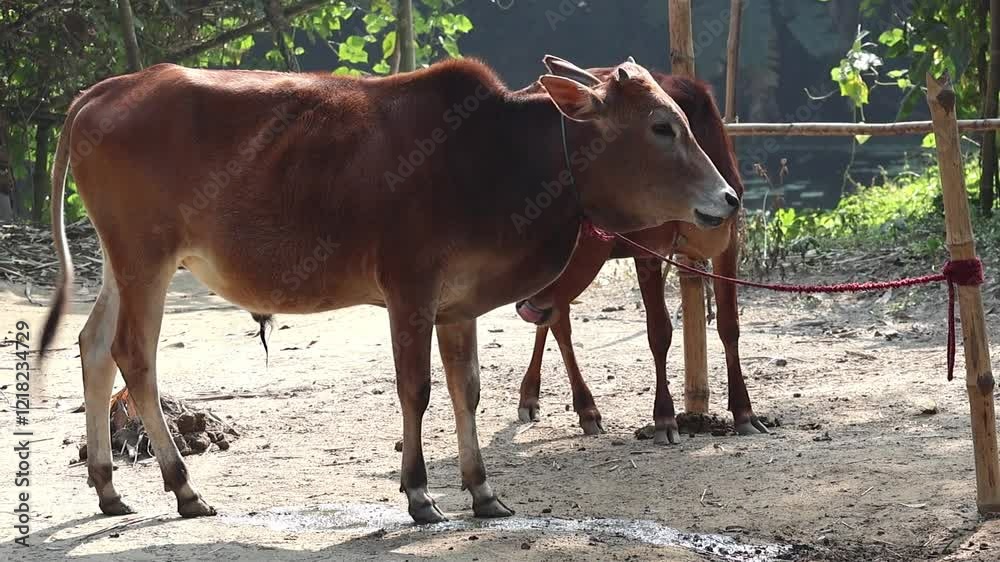 A pair of cows are tethered to a bamboo pole in a rural Bangladeshi backyard. One of them is grazing while standing. A pair of cows are tethered to a bamboo pole in a rural Bangladeshi backyard. One of them is grazing while standing.