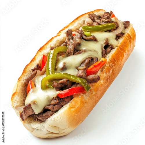 A classic Philly cheesesteak sandwich with grilled peppers and onions, isolated white background, abstract art style photo